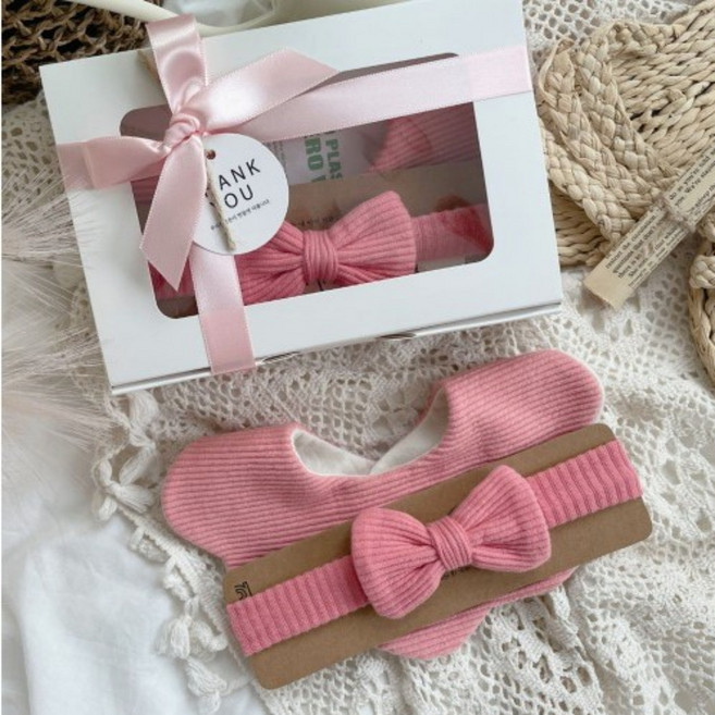[출산 백일 선물]우이동금손 데일리골지 턱받이 리본헤어밴드 세트