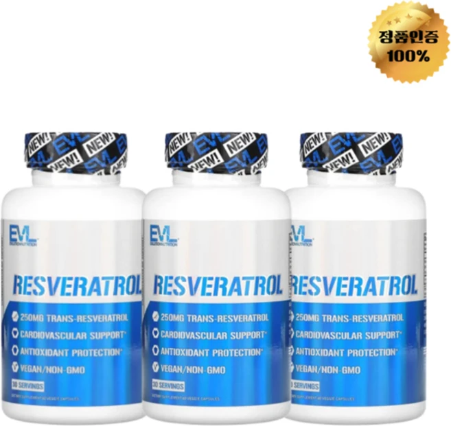 2+1 이블루션뉴트리션 레스베라트롤 250mg 베지 캡슐 60정, 3개 - 쿠팡