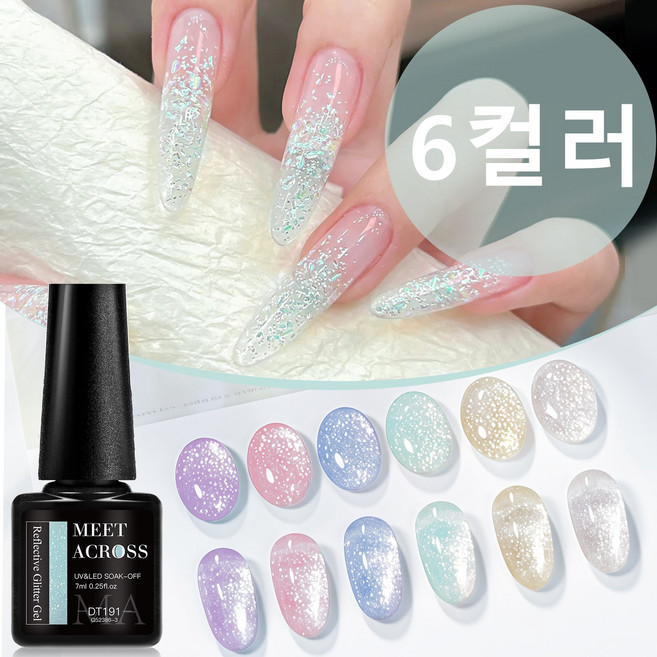 6가지 색상 반투명 반사 젤 네일 폴리쉬 반사 글리터 세미퍼머넌트 UV 젤 네일 아트 바니쉬, 반투명한, 6개, 7ml