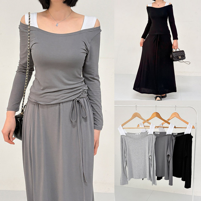 빅사이즈 여성 긴팔 티셔츠 볼드끈 오프숄더 실키 어깨끈 레이온 스판 쫄티