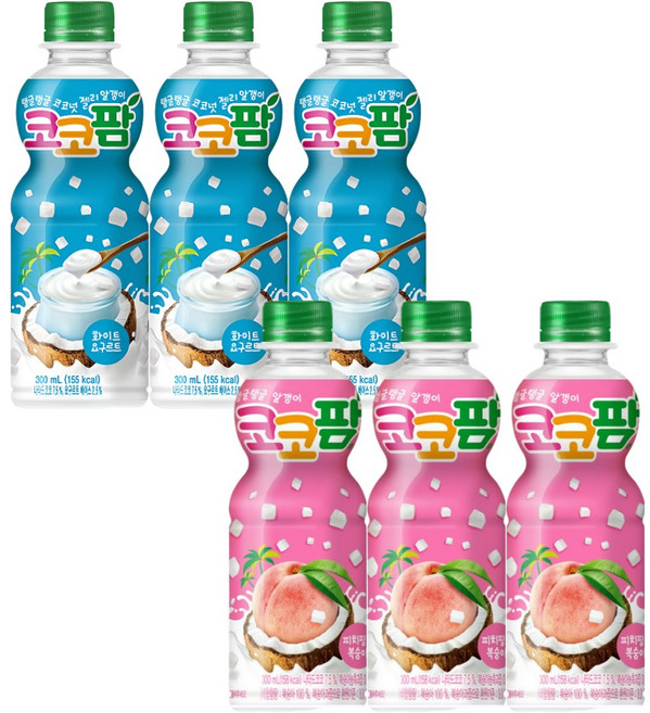 해태 코코팜 페트 음료 화이트요구르트+피치핑크복숭아 각 3개씩, 6개, 300ml