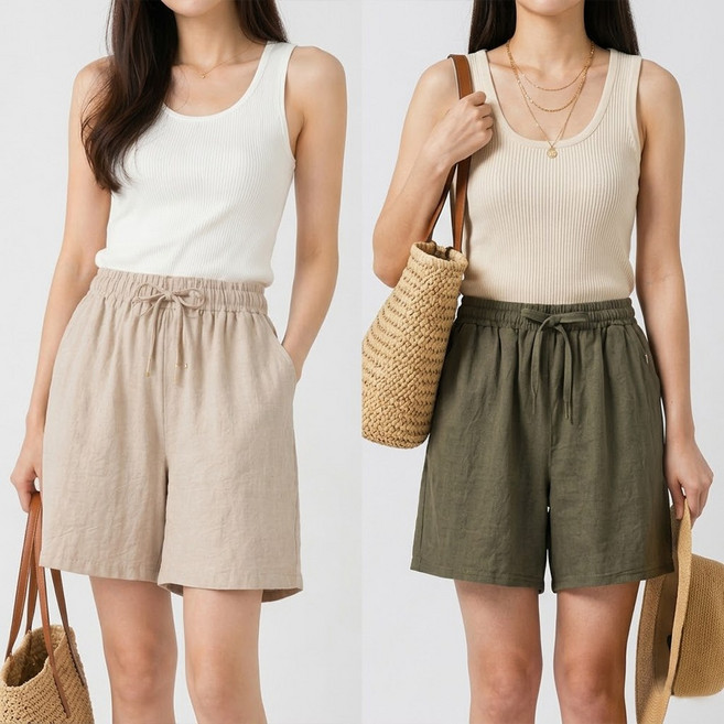 [1+1] B여성쿨인견5부반바지 여름 여자 시원한 와이드 밴딩 린넨 여리핏