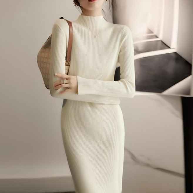 Paperments 修身直筒高領針織連身裙 07310, 象牙白