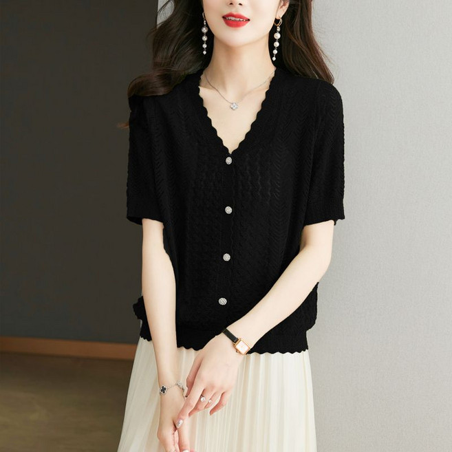 별후이 여성용 여름 빅 사이즈 아이스 펀칭 반팔 니트티셔츠07dg07LL