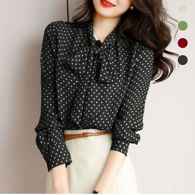 에쥬아 여성 네크라인 리본 블라우스 루즈핏 봄 가을 도트 쉬폰 남방