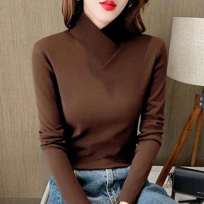 여성 보온 내의 솔리드 슬림핏 레이어드 봄가을겨울 하이넥 빅사이즈 상의 이너티 베이직 긴팔 티셔츠