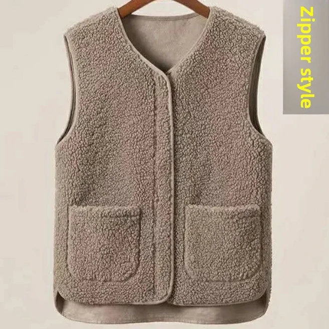 쿠쿠스토어 양털 베스트 여성 가죽 및 일체형 아우터 겨울 트렌디, 02 카키색, 04 3배