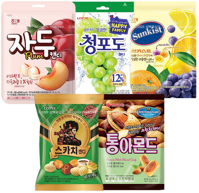 사탕세트 캔디 5종세트 (썬키스트+스카치 세가지+ 통아몬드 + 자두캔디 + 청포도캔디), 1개