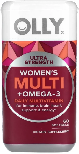 단백질 비타민 철분 마그내슘 칼슘 OLLY 우먼스 멀티 + 오메가3 데일리 종합비타민 울트라 강도 소프트젤 60정 고루고루섭취해주세요, 1개 - 쿠팡