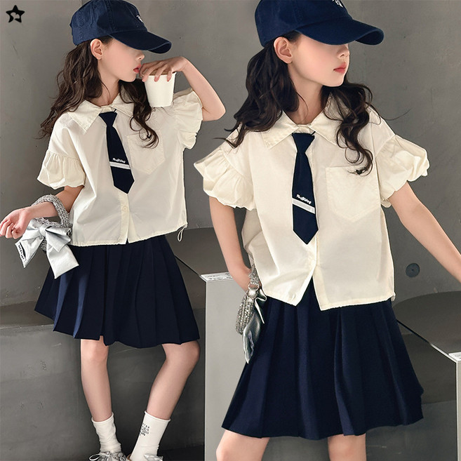 삐삐네옷가게 여아 주니어 퍼프 넥타이 블라우스 스커트 상하