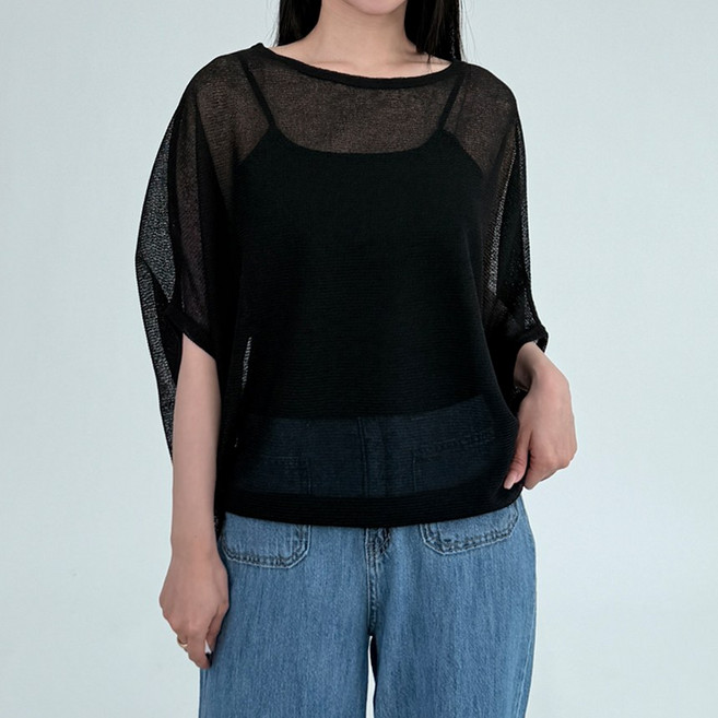 모던 시스루 가오리핏 레이어드 커버업 반팔 니트