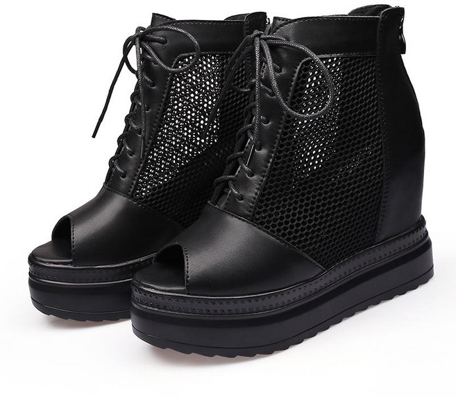 10CM 여성 워커 부츠 망사 키높이 통굽 앵클 미들 레이스업