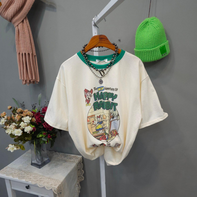 해피래빗 프로포즈 여성 오버핏 라운드넥 배색 반팔티셔츠 면100% 캐주얼 여름