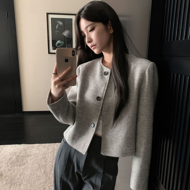 봄 가을 여성 긴팔 트위드 자켓 루즈핏 소향풍 코트 기질 캐주얼 심플 스트라이프 여자 라운드 재킷 CY