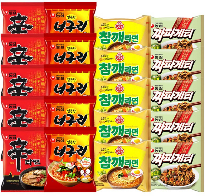 [천지라면] 참깨세트 인기봉지라면 4종 20개입 (짜파게티5 참깨라면5 너구리5 신라면5) 라면스프 1세트