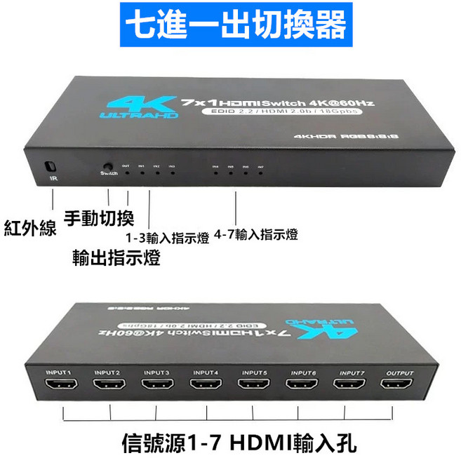 HDMI切換器 4K 60Hz 七進一出, 1個, 高階七進一出無音頻分離, 高階七進一出無音頻分離