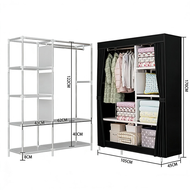 FONOW 시스템행거 다용도 가정 침실 기숙사 조립 수납장 먼지를 막다 장롱, 블랙