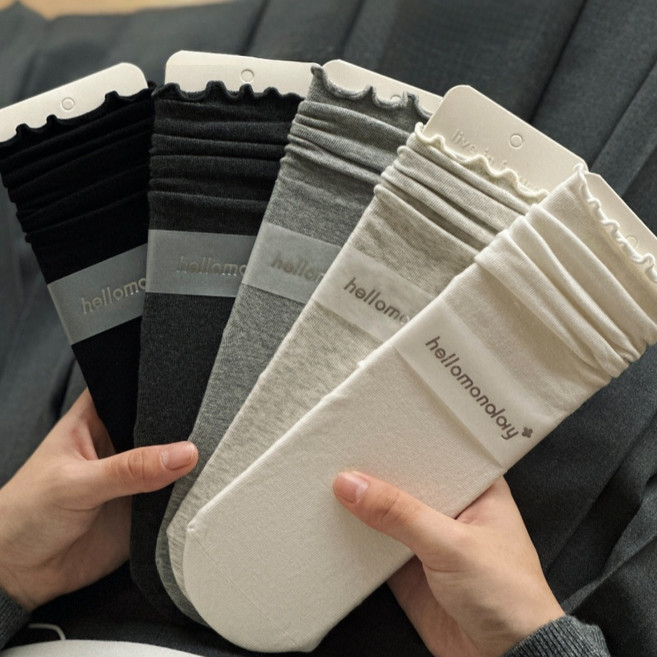 Banjiwu 여성 양말 무지 레이스 겨울 양말 중목 양말 장목 양말 레이스 양말 패션 면 양말 도톰한 보온 무압박 양말 5족 세트