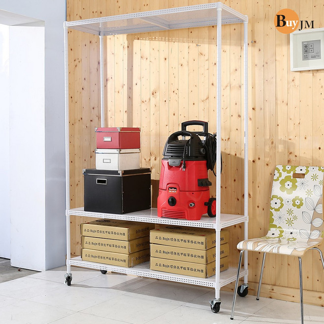 BuyJM 烤漆白洞洞板120x45x220cm 三層鐵架 荷重加強型置物架 附工業輪 SH168WH, 1個