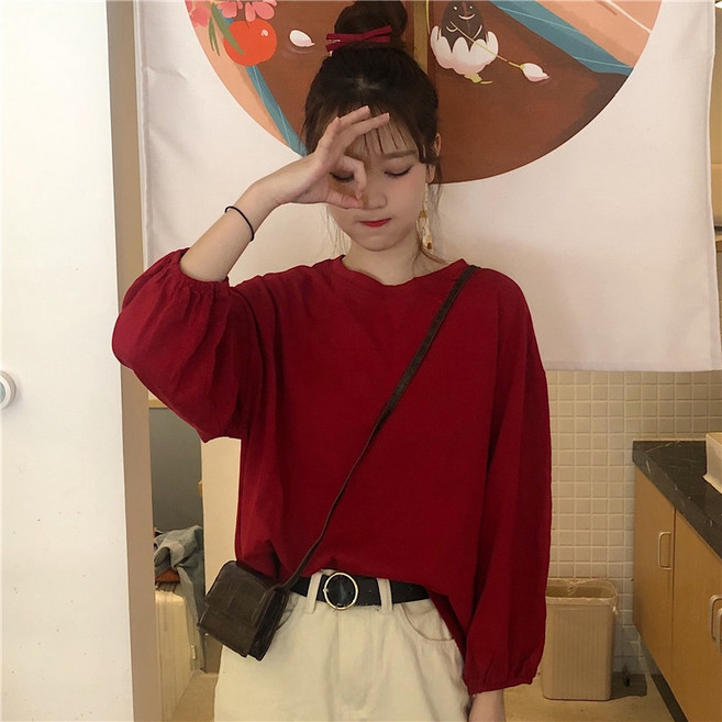 韓版薄款素色寬鬆長袖T恤 女裝