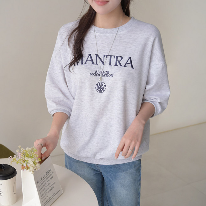 데일리앤 몬트 여성 베이직 자수 루즈핏 레터링 면 7부 반팔 맨투맨 티셔츠 스웻셔츠