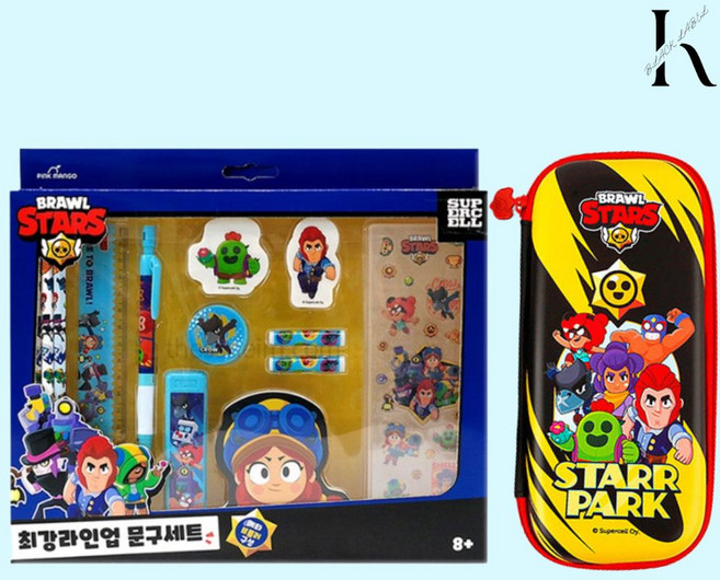 브롤스타즈 최강라인업 문구세트 최강 파워 브롤러 필통 연필 스티커 연필캡 지우개 연필깎이 15cm 자 깎이샤프 샤프심 떡메모지 학용품 총10종, B, 1세트