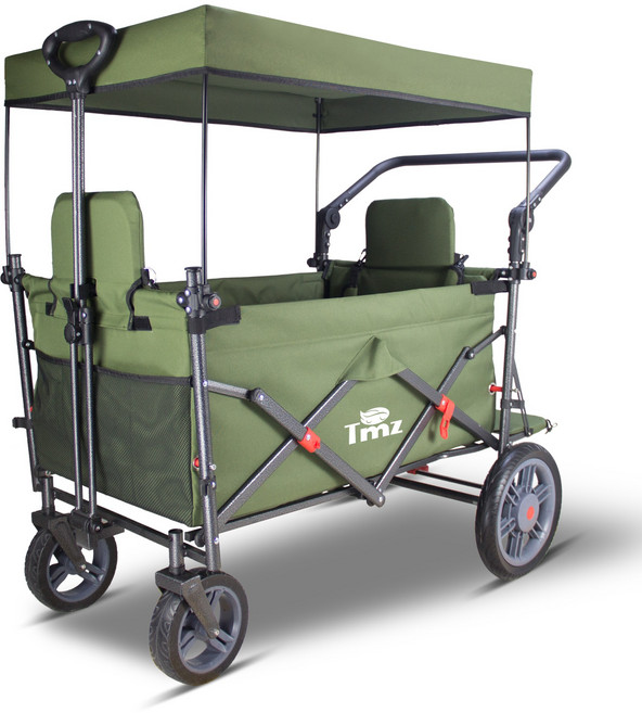 접이식 야외 유틸리티 왜건 캐노피가 있는 해변 왜건 카트 캠핑 쇼핑 정원 및 해변을 위한 휴대용 접이식 왜건 접이식 캠핑카 좌석 포함, 1개, 녹색