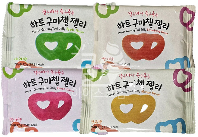 하트 구미첼 젤리 복숭아+사과+망고+딸기 랜덤 4개, 1개, 12g
