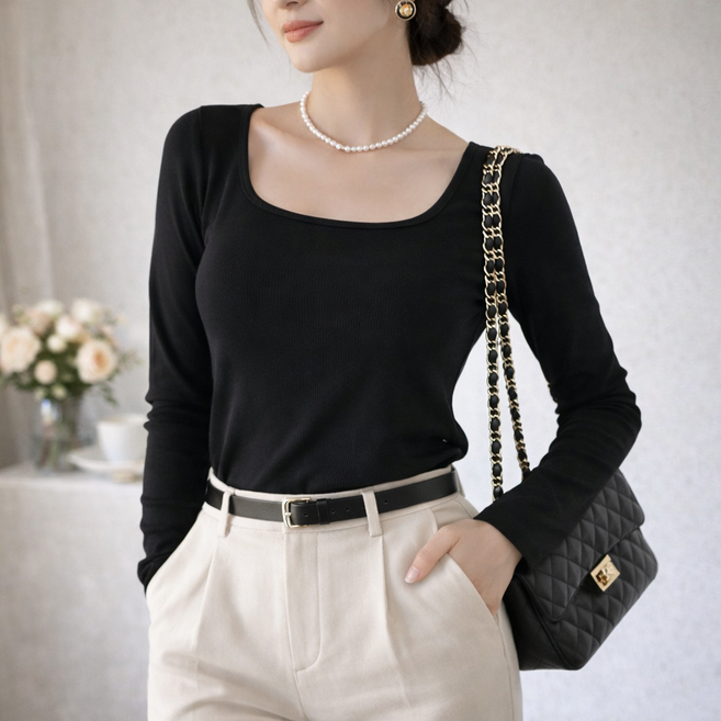 미브레 캡내장 라운드넥 긴팔티 U타입