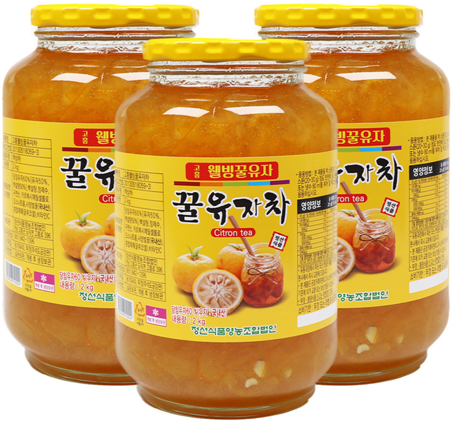 자연톡 꿀 유자차 유자청 고흥 웰빙 전통차, 2kg, 3개입, 1개