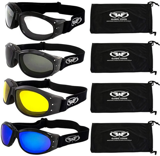 Global Vision Eliminator 디럭스 레드 바론 스타일 패딩 김 서림 방지 오토바이 고글 블랙 프레임 (투명 및 스모크), 투명 스모크 옐로우 & 블루