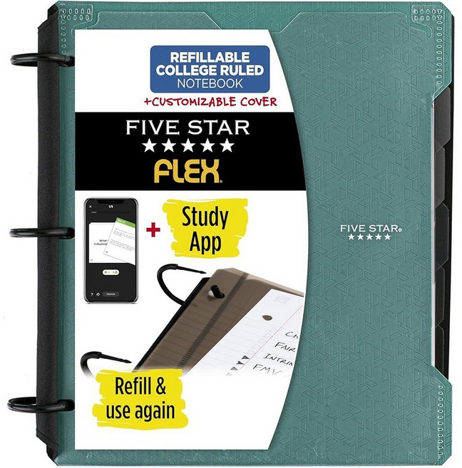 Five Star Flex 리필 가능한 노트 + 스터디 앱 맞춤형 커버가 있는 2.5cm1인치 바인더 대학 유선 노트 및 링 바인더 3개 하이브리드 노트 바인더 200장, 1팩, 시글라스 그린