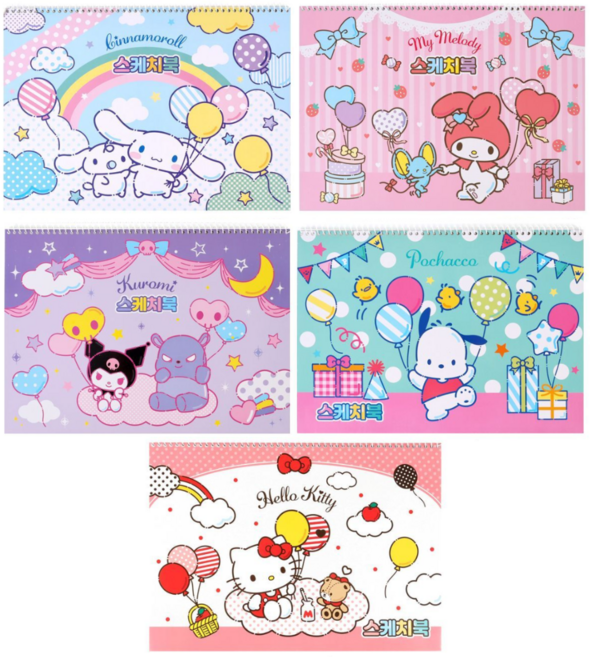 키오키 산리오 캐릭터 스케치북 시나모롤+포차코+헬로키티+마이멜로디+쿠로미 5종 1세트