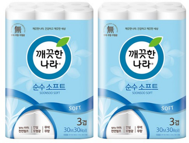 깨끗한나라 3겹 순수 소프트 화장지 30m, 30개입, 3개