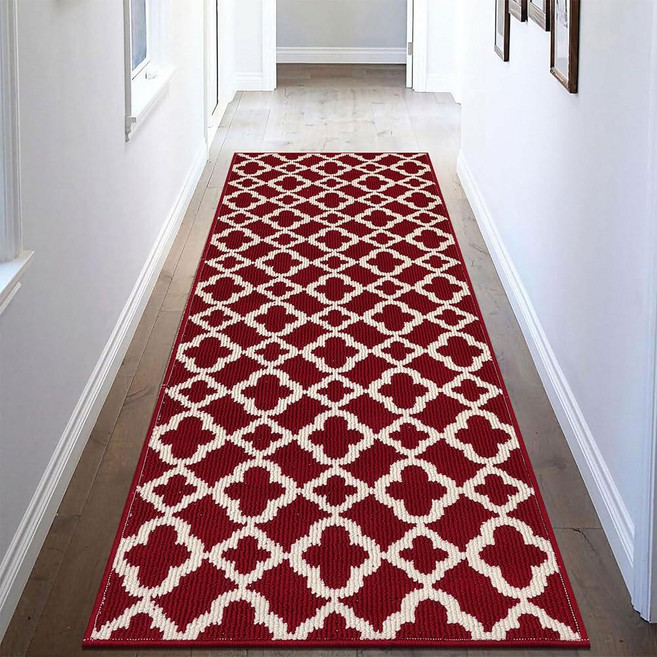 U'Artlines Washable Hallway Runner Rug 2x6' Non-Slip Basketweave Geometric Kitchen Runner Low Pr, 레드