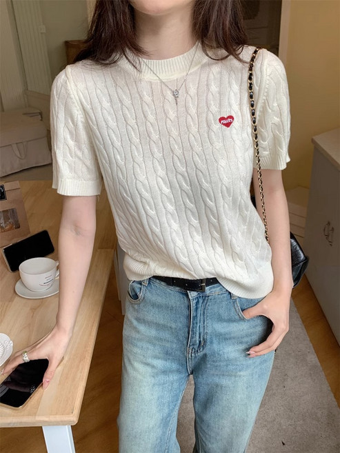 PETITBATH 자수 티셔츠 여자 여름 꽈배기 니트 반팔 상의 ZZ50