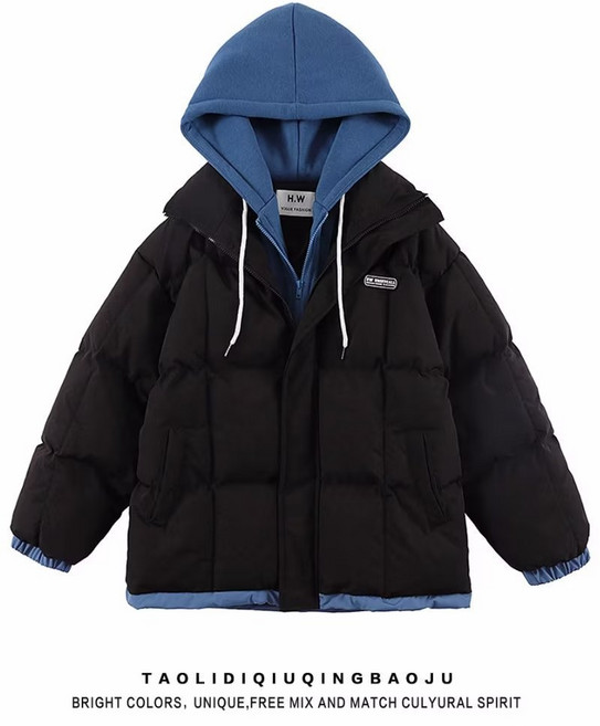 QW 복고풍 가짜 2 피스 코튼 패딩 재킷 남성과 여성을위한 겨울 커플 루즈 후드 두꺼운 코튼 패딩 재킷