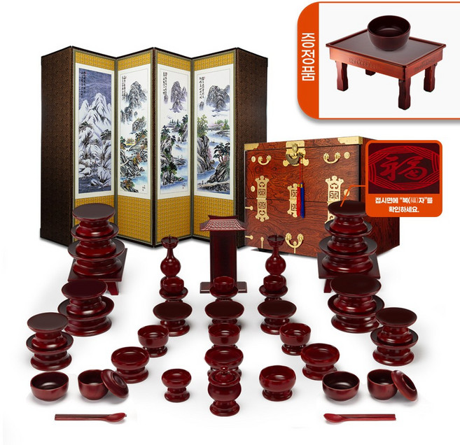 남원 춘향골 남영공예 오리목 복제기+제기함(증정-향로상+퇴주그릇)+추사산수화6폭병풍, 3개, 남원 춘향골 남영공예 오리목 복제기 47+제기함(증정-향로상+퇴주그릇)+추사산수화6폭병풍