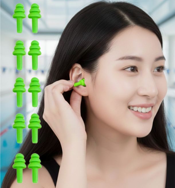 요거꾹 수영 실리콘 귀마개 소음방지, 그린, 10개