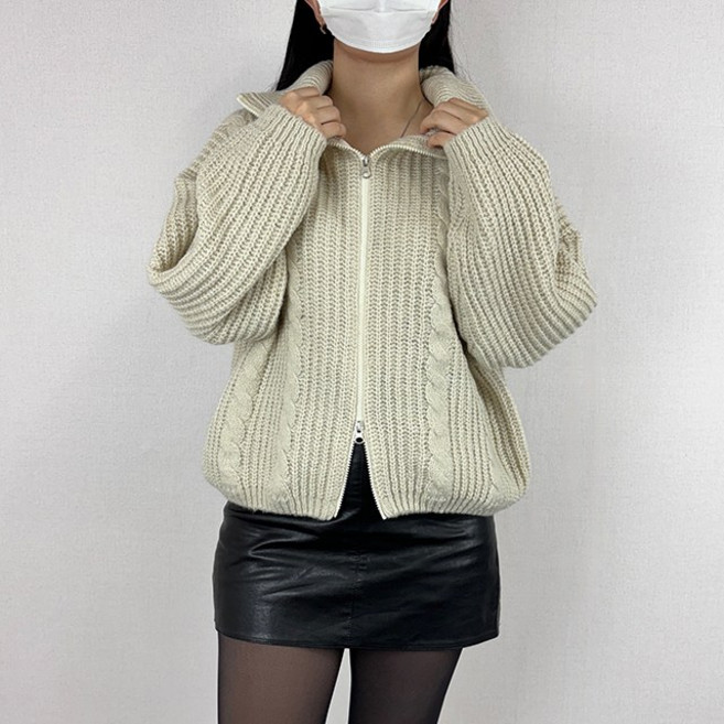 [~99 3XL 투웨이/하이넥-카라넥 선택]커플룩 꽈배기집업 빅사이즈 남녀공용 니트 반집업 데일리룩 데이트룩 겨울신상 봄 아방핏 여리핏 벌룬소매 꽈배기 니트집업[546]