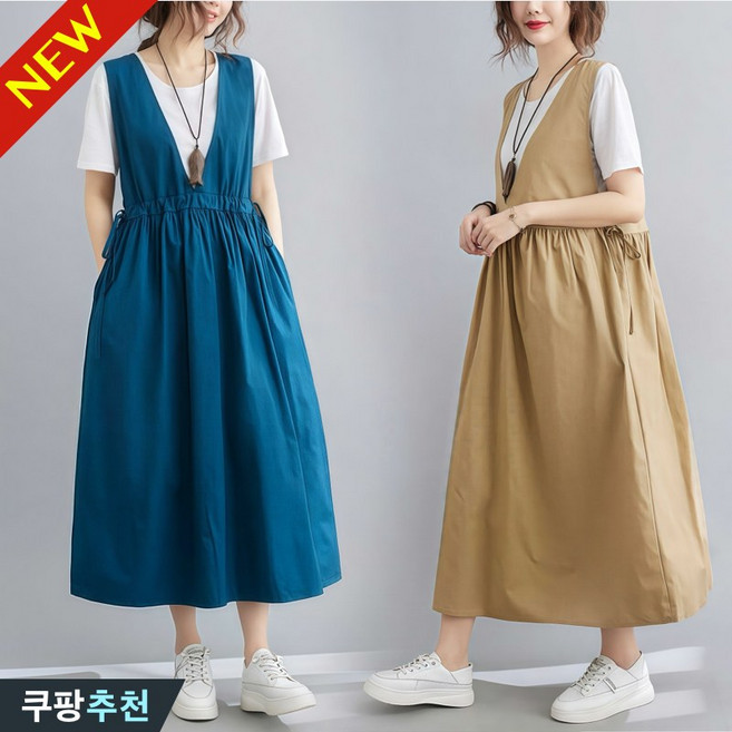 (브랜드 추천) 100kg까지 빅사이즈 여성 허리꼬임 브이넥 나시 롱 멜빵치마 원피스 여름 편한 빈티지 박스 날씬해보이는 핏 예쁜 모던 단아한 주머니있는 a라인 스커트 원피스