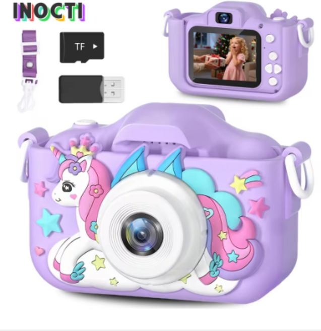 키즈카메라 어린이용 디지털 카메라 휴대용 유니콘 디자인 셀카 가능, 퍼플
