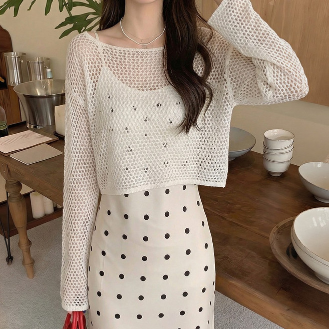 SOSISI 여성 라운드 긴팔 그물 니트 티 크롭 커버업 탑 풀오버 260524