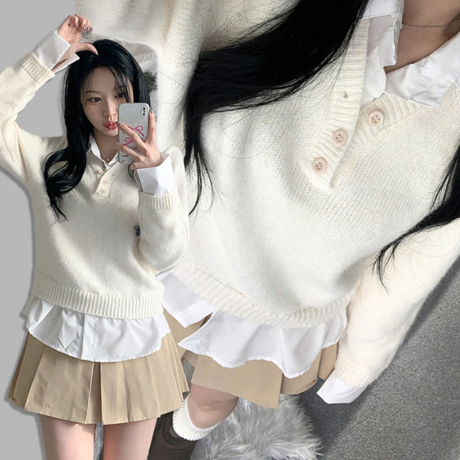 [레이어드/3col] 슈어 페이크 일체형 브이넥 셔츠 니트