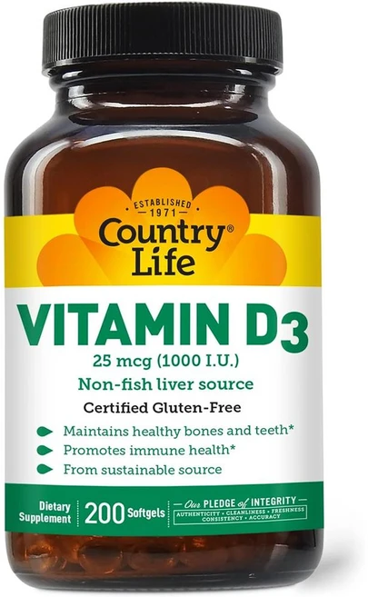 Country Life 컨츄리라이프 비타민 D3 논-피쉬 1000IU 200소프트젤 서티파이드 글루텐 프리 2개, 1개 - 쿠팡