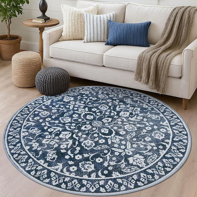 SILOLOOM Navy Round Rug 6 Ft Rugs for Entryway Washable Circle Rug Non Slip Round Living Room Rugs