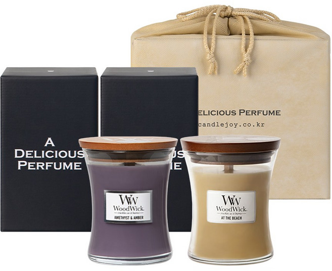 우드윅 미디엄 캔들 2개 세트 (선물상자 파우치), 1세트, 550g, 08 애미시스트 앤 앰버,파이어사이드