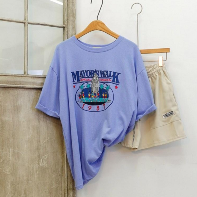 러너스하이 프린팅 루즈핏 여성 여름 반팔 롱 티셔츠