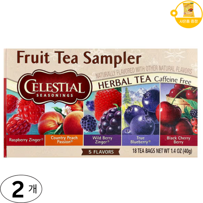Celestial Seasonings 과일차 샘플러 디카페인 5가지 향 18티백 사은품 추가증정, 2개, 18개입