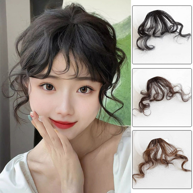 1+1 S컬 웨이브 앞머리 가발 헤어피스 베이비펌 부분가발 펌 시스루뱅 붙임머리 곱슬, 1개, 블랙+다크브라운